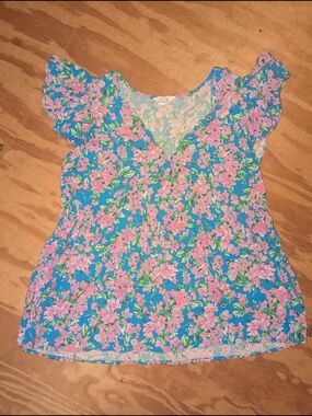 Floral V-Neck Ruffle Sleeve Blouse - Blue & Pink